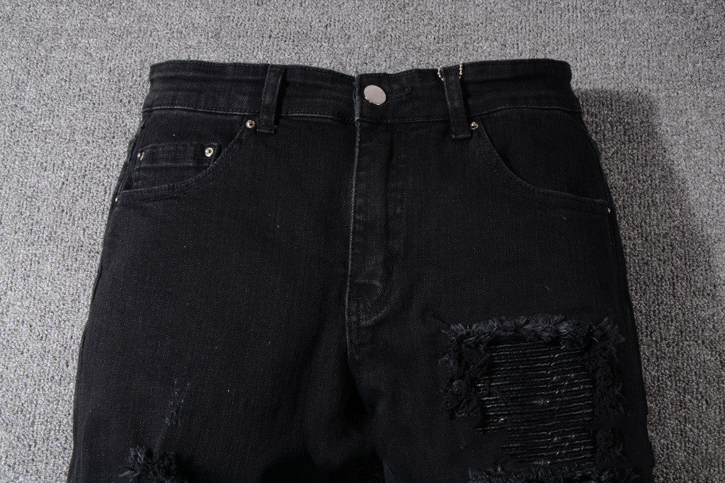 Leather Patch Knee Black Jeans