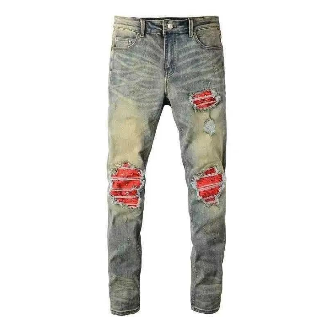 An image illustrating how to style red bandana print jeans for a chic, everyday look