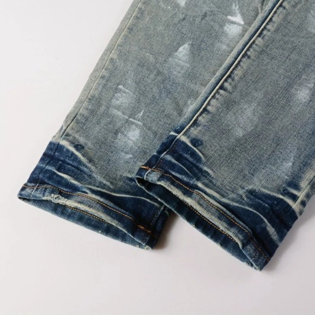 Ripped Knee Painted Washed Blue Jeans