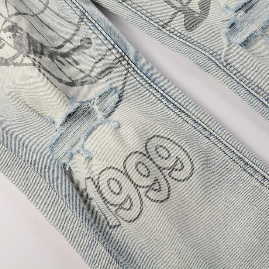 Printed Design Washed Blue Jeans