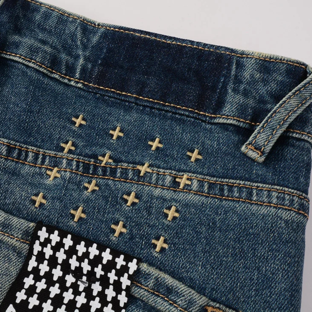Ripped Knee Washed Dark Blue Jeans