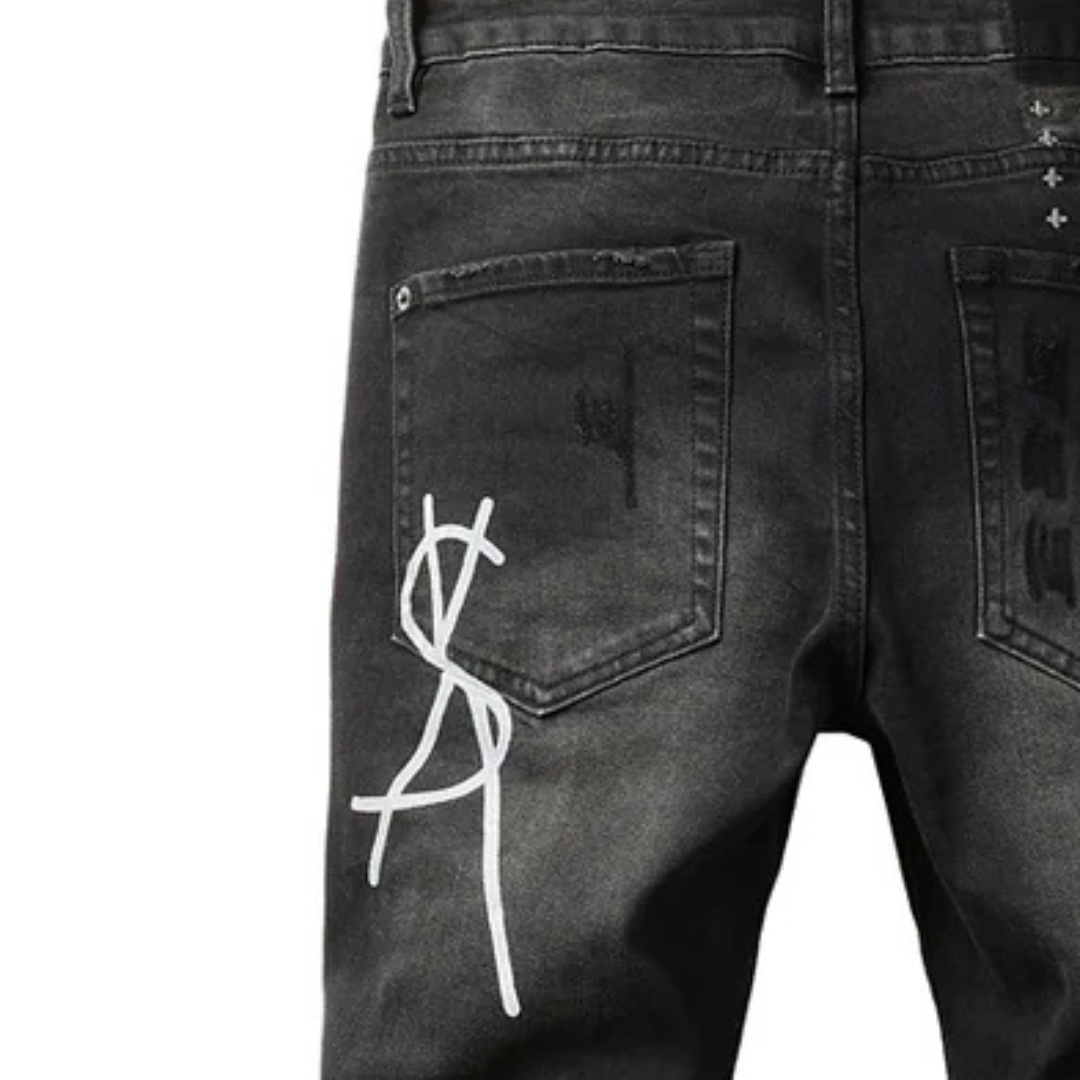 Printed Design Retro Black Jeans