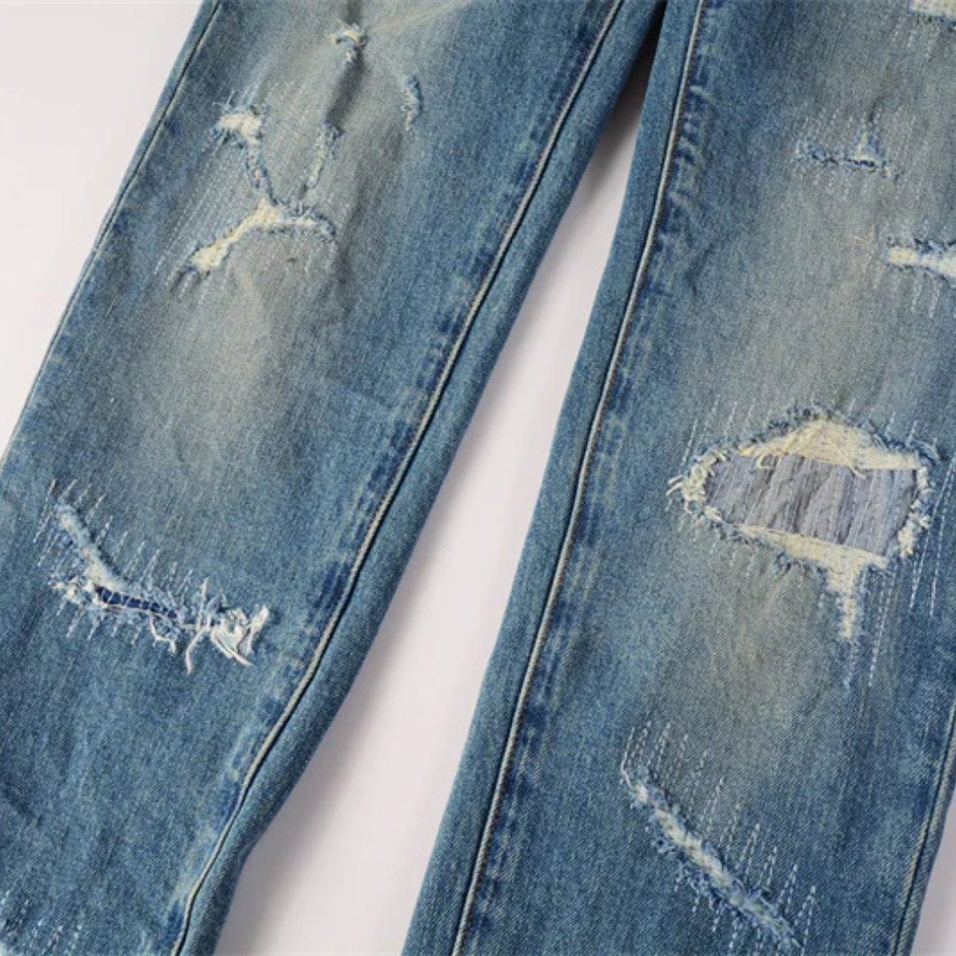 Ripped Pattern Blue Jeans