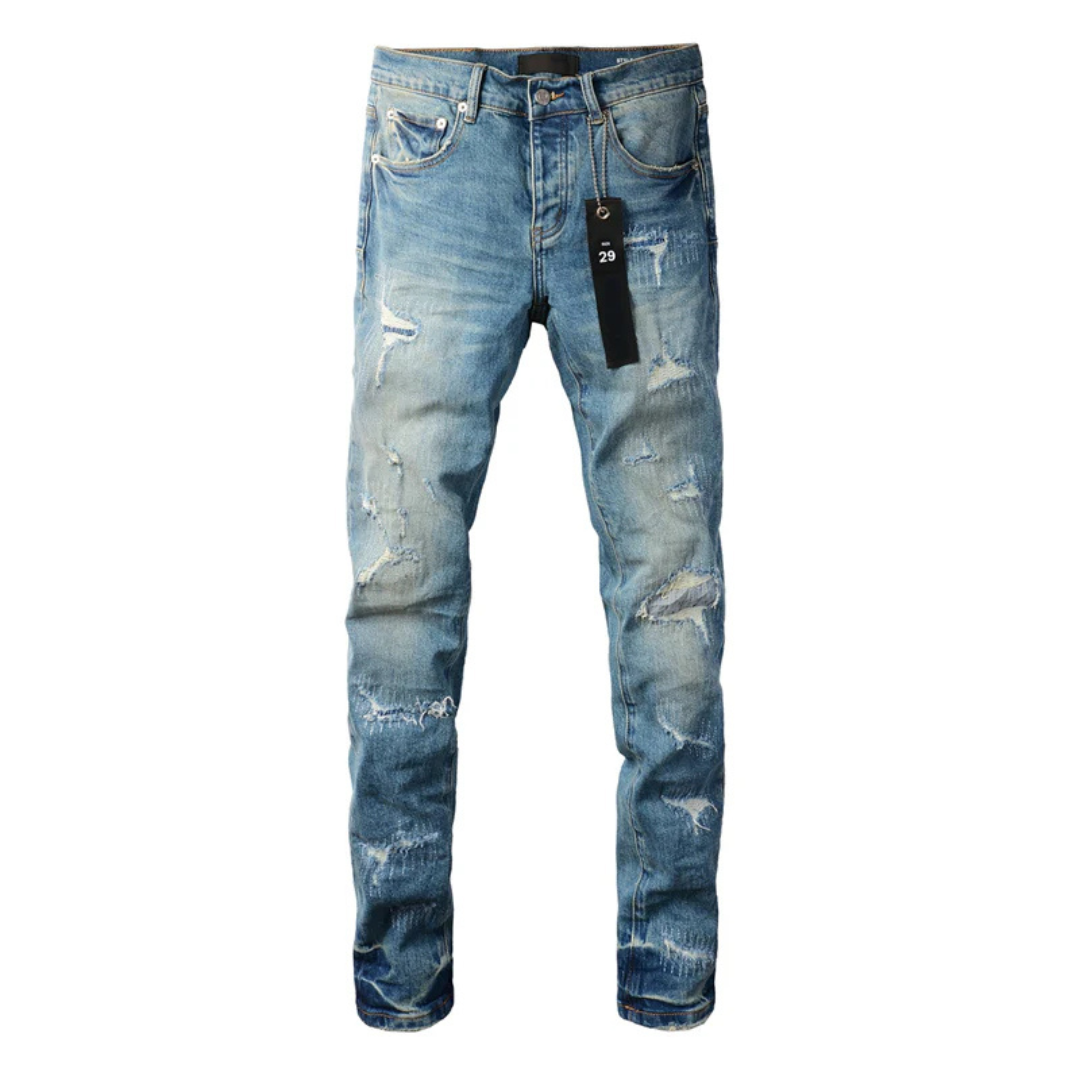 Ripped Pattern Blue Jeans