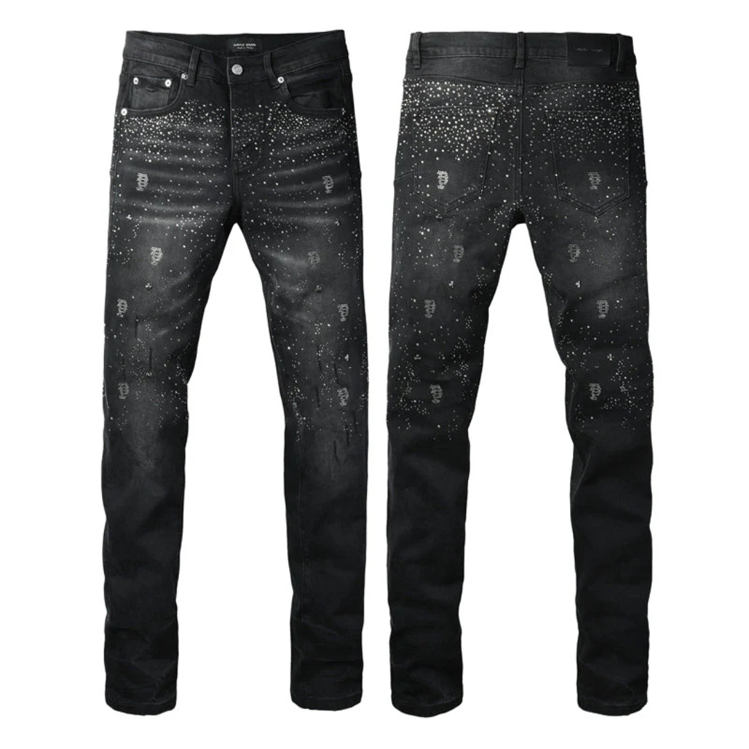 Shiny Pearls Design Retro Black Jeans