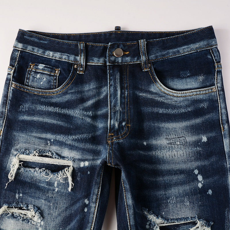 Distressed Painted Dark Blue Jeans