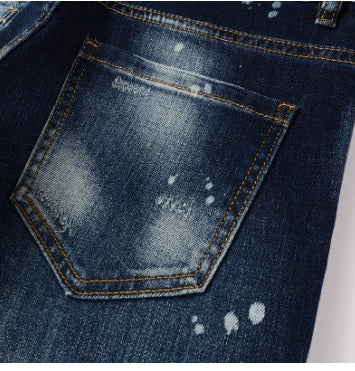 Distressed Painted Dark Blue Jeans