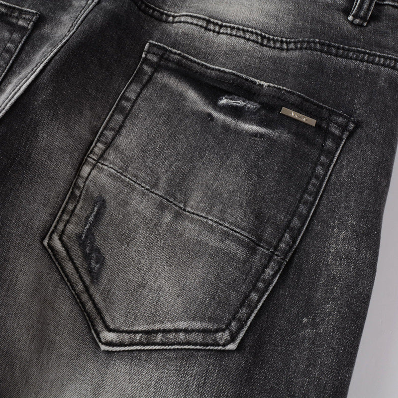 Leather Patch Retro Black Jeans