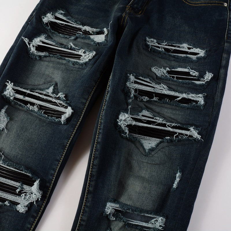 Leather Patches Dark Blue Jeans