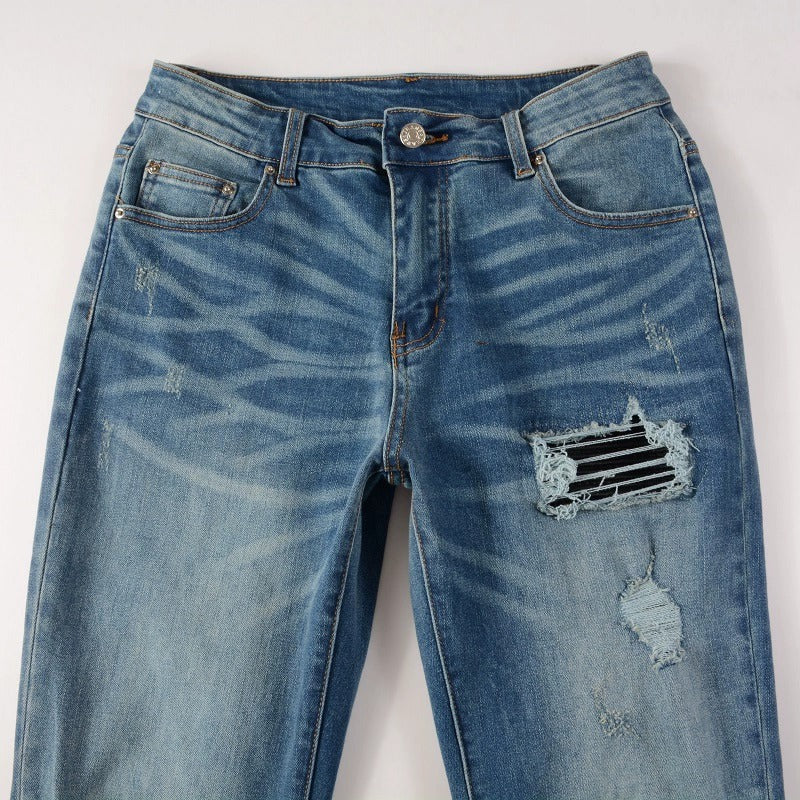 Leather Patch Blue Jeans