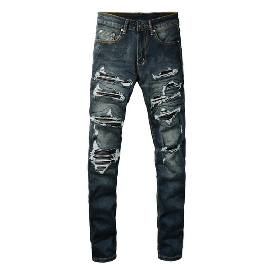 Leather Patches Dark Blue Jeans