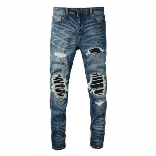 Leather Patch Dark Blue Jeans