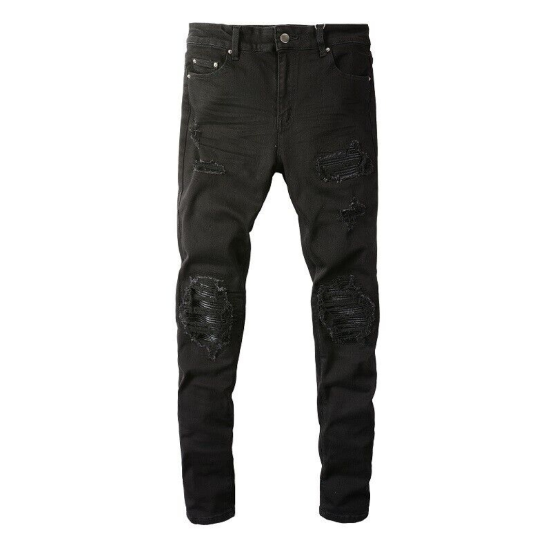 Leather Patch Black Jeans