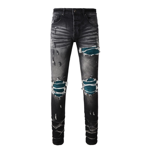 Dark Teal Patch Black Jeans