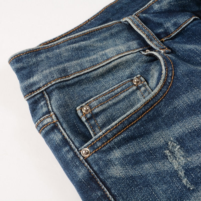 Leather Patch Dark Blue Jeans