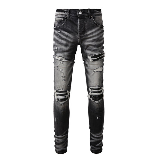 Leather Patch Retro Black Jeans