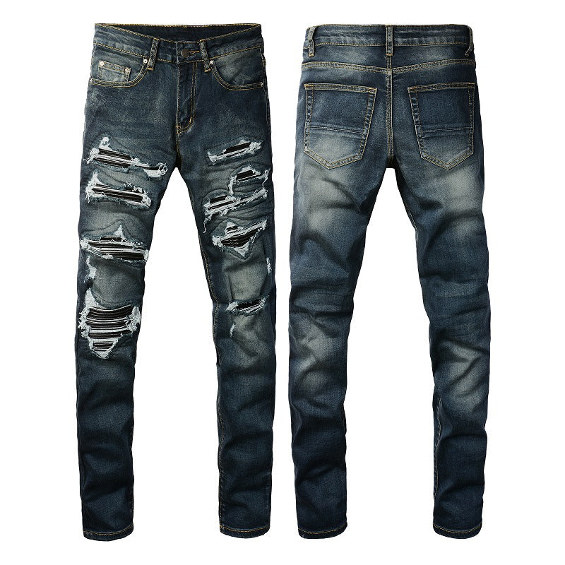 Leather Patches Dark Blue Jeans