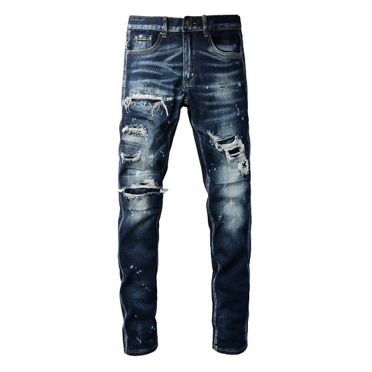 Distressed Painted Dark Blue Jeans