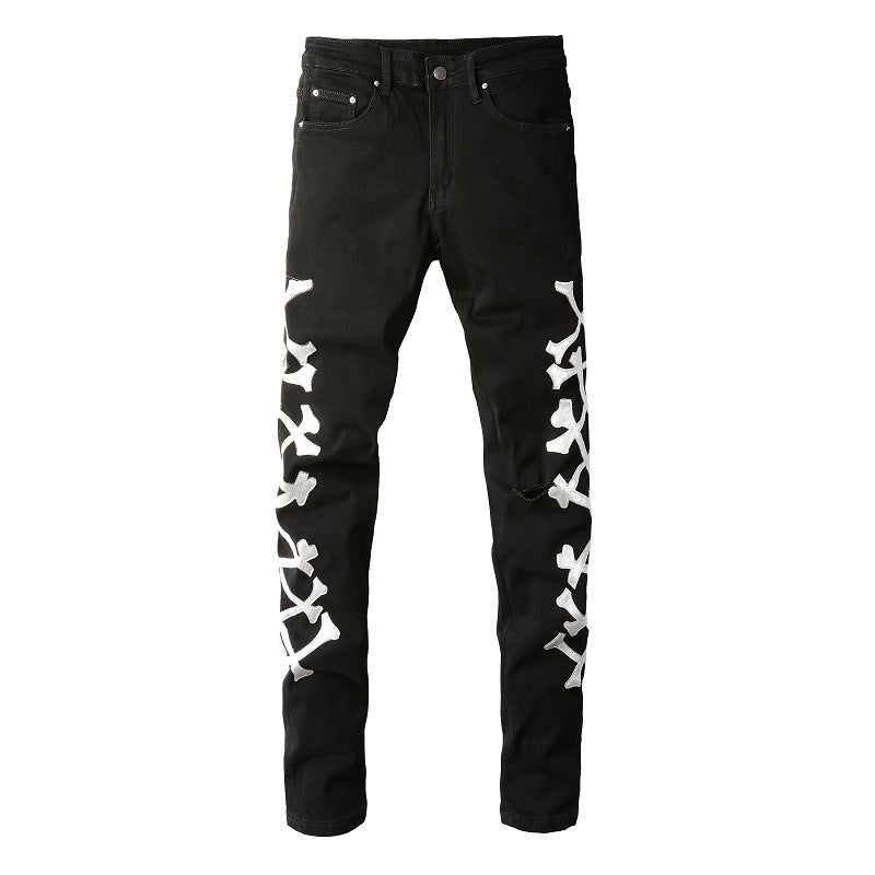 White Bone Pattern Black Jeans