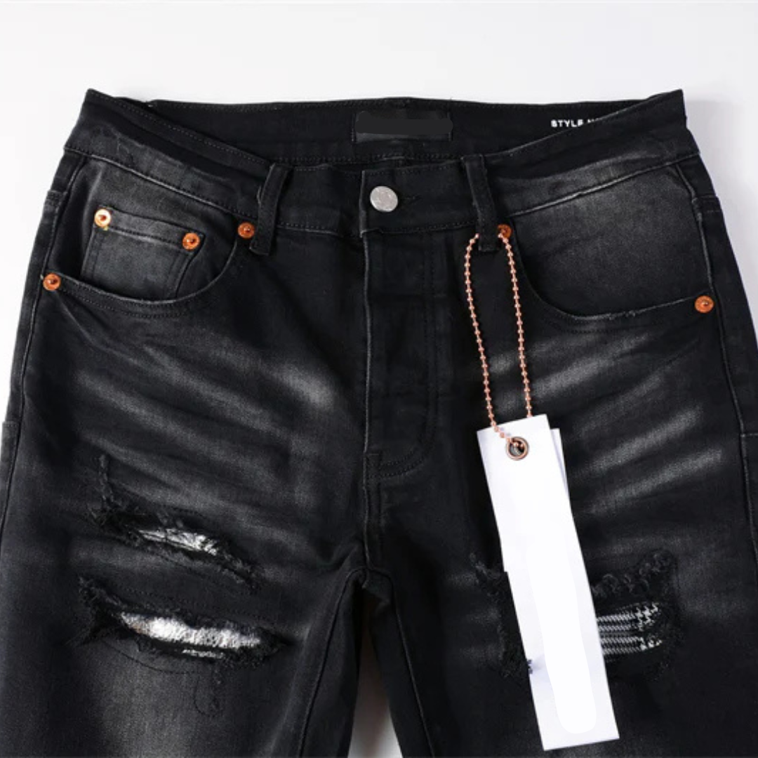 Silver Patches Washed Retro Black Jeans