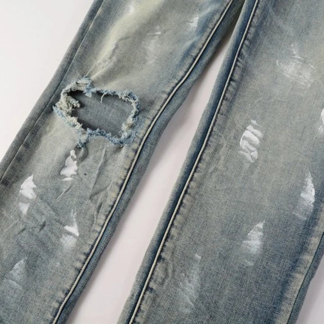 Ripped Knee Painted Washed Blue Jeans