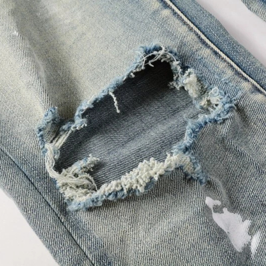 Ripped Knee Painted Washed Blue Jeans