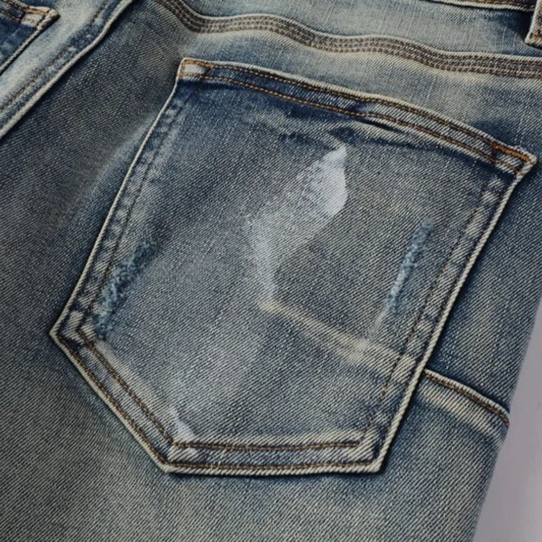 Ripped Knee Painted Washed Blue Jeans