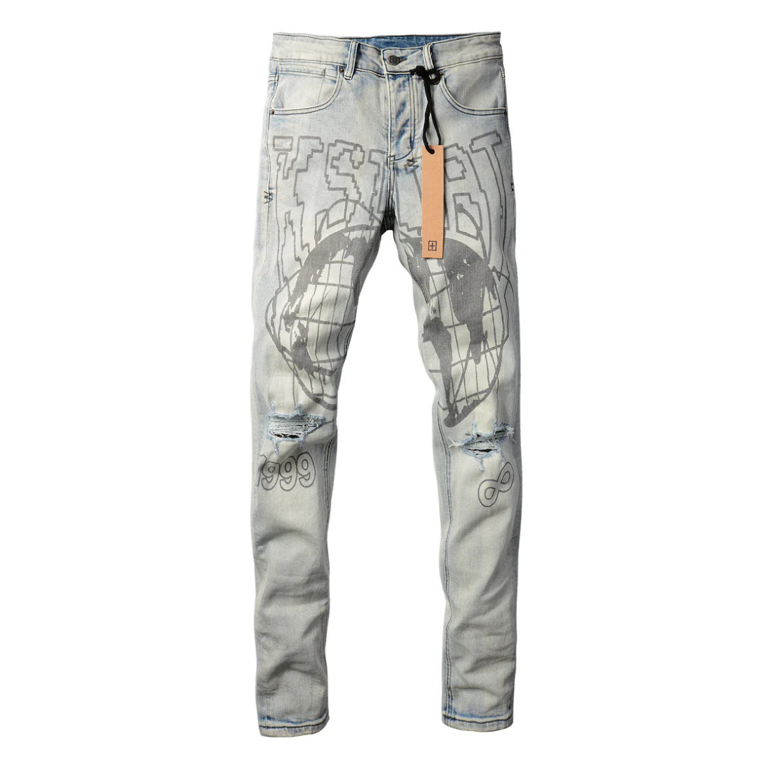 Printed Design Washed Blue Jeans