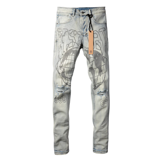 Printed Design Washed Blue Jeans