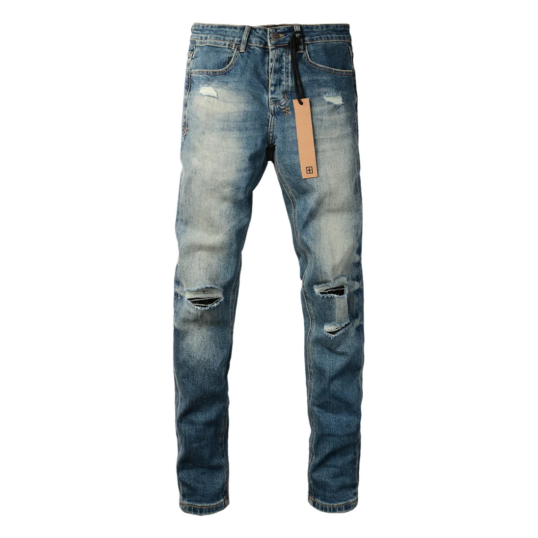 Ripped Knee Washed Dark Blue Jeans