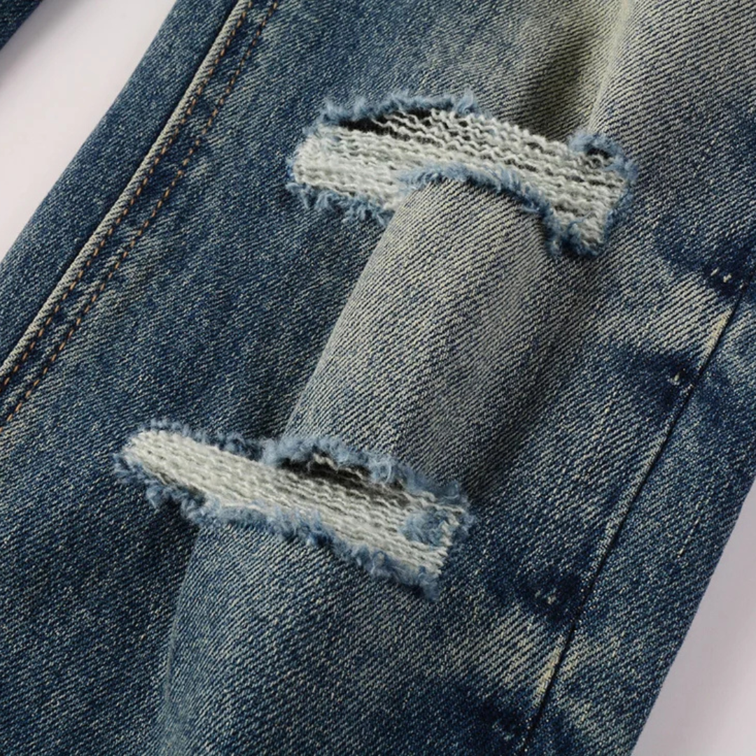 Ripped Knee Washed Dark Blue Jeans