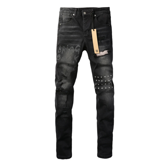 Printed Design Retro Black Jeans