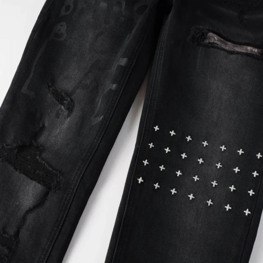 Printed Design Retro Black Jeans
