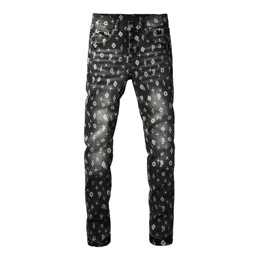Printed Design Retro Black Jeans