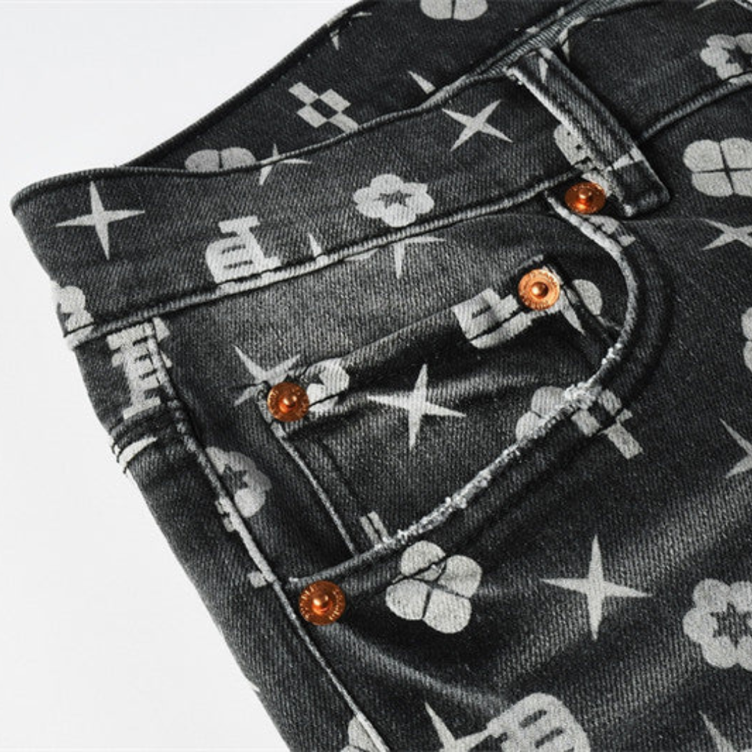 Printed Design Retro Black Jeans