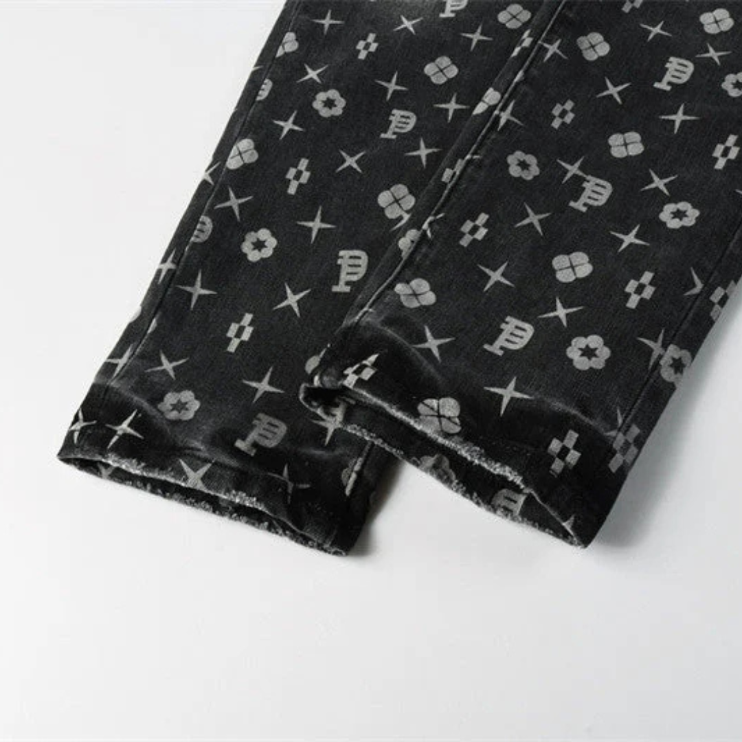 Printed Design Retro Black Jeans