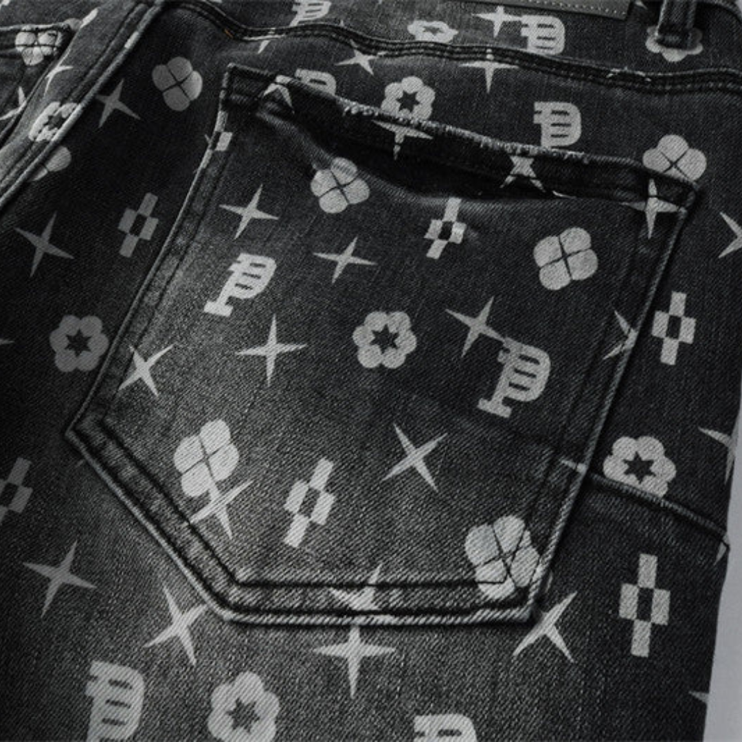 Printed Design Retro Black Jeans