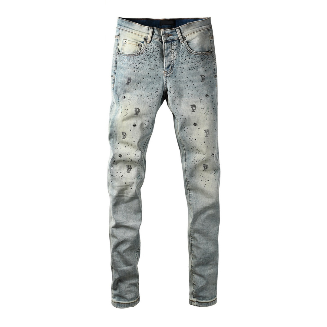 Printed Design Diamonds Washed Jeans