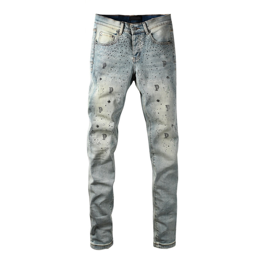 Printed Design Diamonds Washed Jeans