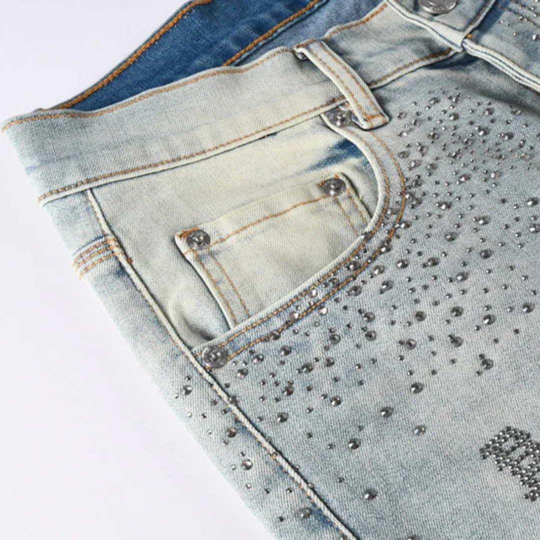 Printed Design Diamonds Washed Jeans
