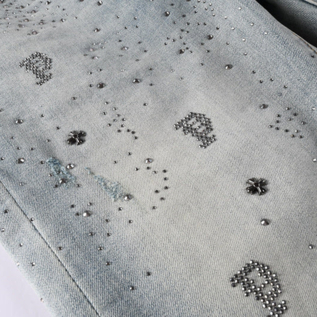 Printed Design Diamonds Washed Jeans