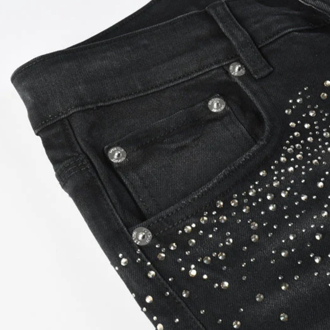 Shiny Pearls Design Retro Black Jeans