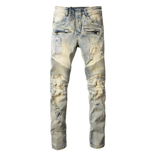 Washed Blue Biker Jeans